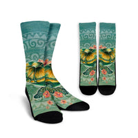Hawaiian Turtle And Hibiscus Polynesian Crew Socks - AH Crew Socks White - Polynesian Pride