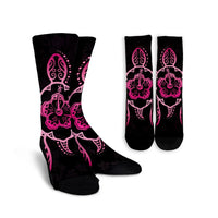 Hawaiian Turtle And Hibiscus Polynesian Crew Socks Pink - AH Crew Socks White - Polynesian Pride