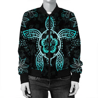 Hawaiian Turtle And Hibiscus Polynesian Bomber Jacket Turquoise - AH - Polynesian Pride