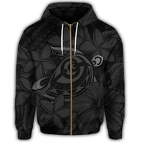 Hawaiian Turtle Hibiscus Plumeria Kanaka Polynesian Zip Hoodie Gray Soft Style - Polynesian Pride