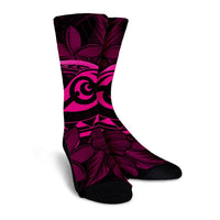 Hawaiian Turtle Hibiscus Plumeria Kanaka Polynesian Crew Socks Pink - Soft Style - AH - Polynesian Pride