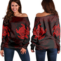 Hawaiian Two Turtle Polynesian Women's Off Shoulder Sweater Red AH Black - Polynesian Pride