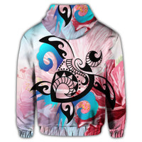 Hawaiian Wave Hibiscus Watercolor Turtle Polynesian Zip Hoodie - Polynesian Pride