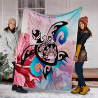 Hawaiian Wave Hibiscus Watercolor Turtle Polynesian Premium Blankets - AH - Polynesian Pride