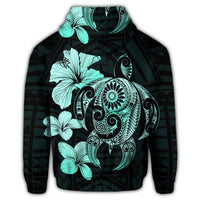 Hibiscus Plumeria Mix Polynesian Turtle Zip Hoodie Turquoise - Polynesian Pride