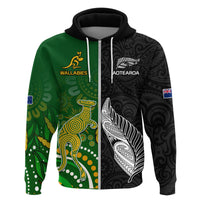 Aotearoa Rugby All Black Combine Australia Wallabies Hoodie Aboriginal Kangaroo and Maori Fern LT9 Zip Hoodie Black - Polynesian Pride