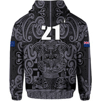 (Custom Text and Number) New Zealand Taiaha Maori Hoodie Minimalist Silver Fern All Black LT9 - Polynesian Pride