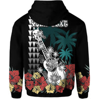 Custom Hawaii Ukulele Mix Hibiscus and Coconut Tree Hoodie Aloha Vintage Black Version LT9 - Polynesian Pride