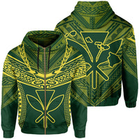 Hawaiian Kanaka Map Football Jersey Hoodie Zip Green and Yellow Roger Style Unisex Green - Polynesian Pride