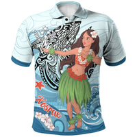 Kosrae Polo Shirt Polynesian Girls With Shark Unisex Blue - Polynesian Pride