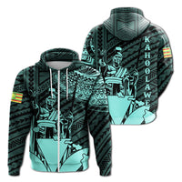 Hawaiian King Kanaka Map Polynesian Kahoolawe Hoodie Zip Turquoise Hala Style Unisex Turquoise - Polynesian Pride