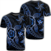 Kanaka Map Hibiscus Plumeria Turtle Art Blue Polynesian T Shirt AH Unisex Black - Polynesian Pride