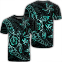 Kanaka Map Hibiscus Plumeria Turtle Art Turquoise Polynesian T Shirt AH Unisex Black - Polynesian Pride