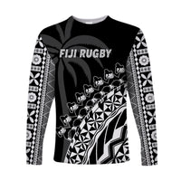 (Custom Text And Number) Fiji Rugby Long Sleeve Shirt Fijian Cibi Dance Tapa Pattern Black LT14 - Polynesian Pride