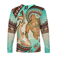 Hawaii Long Sleeve Shirt Polynesian Shark And Sea Turtle Dreamy Turquoise Artsy LT14 - Polynesian Pride