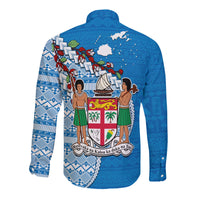 Fiji Long Sleeve Button Shirt Fijian Drua Mix Tagimaucia Flower Blue Style LT14 - Polynesian Pride