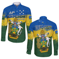 (Custom Personalised) Solomon Islands Long Sleeve Button Shirt Happy 44th Independence Anniversary Polynesian Pattern LT14 Unisex Blue - Polynesian Pride