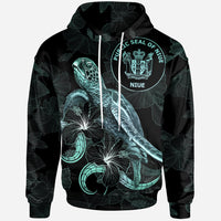 Niue Polynesian Hoodie Turtle With Blooming Hibiscus Turquoise Unisex Turquoise - Polynesian Pride