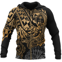 Guam Polynesian Zip up Hoodie Gold Turtle Flowing Unisex Gold - Polynesian Pride