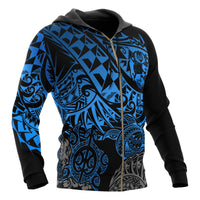 Tonga Polynesian Zip up Hoodie Blue Turtle Flowing - Polynesian Pride