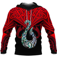 Maori Tattoo Hoodie Hei Matau Abalone Red Unisex Red - Polynesian Pride