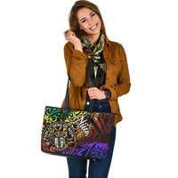 Niue Large Leather Tote Bag - Rainbow Polynesian Pattern - Polynesian Pride