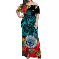 Federated States of Micronesia Off Shoulder Long Dress Hibiscus Flowers FSM Seal Polynesian Ver.03 LT14 Women Turquosie - Polynesian Pride