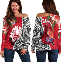 Tahiti Islands Off Shoulder Sweater Polynesian Shark Mix Tropical Flowers LT14 Women Red - Polynesian Pride