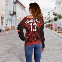 (Custom Text and Number) Tonga Rugby MMT Off Shoulder Sweater Ngatu Mate Maa Tonga Grunge LT13 - Polynesian Pride
