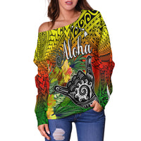 The Shaka Hawaii Off Shoulder Sweater Tropical Flowers Reggae Version LT13 - Polynesian Pride