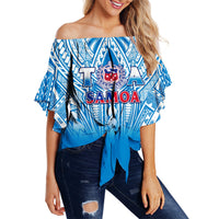 (Custom Text And Number) Samoa Rugby Off Shoulder Waist Wrap Top Personalise Toa Samoa Polynesian Pacific Blue Version LT14 Women Blue - Polynesian Pride