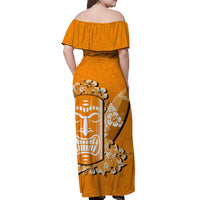 Hawaii Tiki Off Shoulder Long Dress Polynesian Orange Style LT6 - Polynesian Pride
