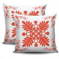 Hawaiian Quilt Maui Plant And Hibiscus Pattern Pillow Covers - Orange White - AH - Polynesian Pride