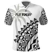 (Custom Text and Number) Fiji Rugby Polo Shirt Fijian Cibi Dance Tapa Pattern White LT14 - Polynesian Pride
