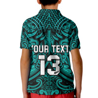 (Custom Text and Number) New Zealand Silver Fern Rugby Polo Shirt KID All Black Turquoise NZ Maori Pattern LT13 - Polynesian Pride