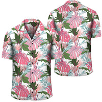 Pink Monstera And Green Tropical Leaves White Hawaiian Shirt Unisex Black - Polynesian Pride