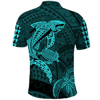 Hawaii Polo Shirt Shark and Turtle Mix Kakau Turquoise LT9 - Polynesian Pride