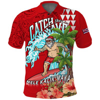 Hawaii Mele Kalikimaka Polo Shirt Santa Claus Surfing Xmas Time LT9 Red - Polynesian Pride