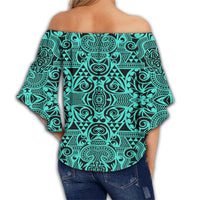 Polynesian Kakau Turtle Turquoise Hawaii Women's Off Shoulder Wrap Waist Top - Polynesian Pride