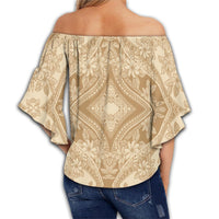 Polynesian Plumeria Mix Gold Hawaii Women's Off Shoulder Wrap Waist Top - Polynesian Pride