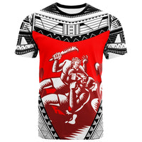 Samoa T Shirt Samoan Legend Wielding A Club Nifooti Weapon Defeating The God With Taro Unisex Red - Polynesian Pride