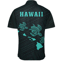 Hawaii Kakau Polynesian Three Turtles Map Short Sleeve Shirt - Turquoise - Polynesian Pride