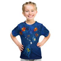 Hawaiian Islands T Shirt Kid - Hawaii Tropical Flowers And Turtles Blue LT13 - Polynesian Pride