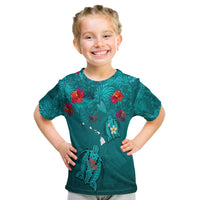 Hawaiian Islands T Shirt Kid - Hawaii Tropical Flowers And Turtles Turquoise LT13 - Polynesian Pride