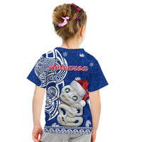 New Zealand Christmas T Shirt KID Hei Tiki Blue Pohutukawa Meri Kirihimete LT14 - Polynesian Pride