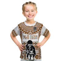 Custom Text And Number Fiji Rugby T Shirt KID Pacific The Bati Brown Fijian Tapa LT14 - Polynesian Pride
