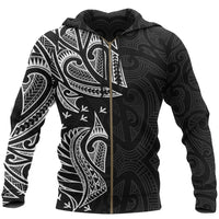 New Zealand Maori Zip Hoodie, Ta Moko Tattoo Full Zip Hoodie White Unisex Black - Polynesian Pride