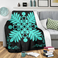 Hawaiian Quilt Maui Plant And Hibiscus Premium Blanket - Turquoise Black - AH - Polynesian Pride