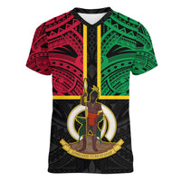 (Custom Personalised) Vanuatu V-Neck T Shirt Tribal Vanuatu Coat Of Arms Flag Style LT9 Female Black - Polynesian Pride