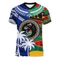 Indigenous South Africa Mixed Fiji Palm Tapa V-Neck T Shirt LT9 Female Blue - Polynesian Pride
